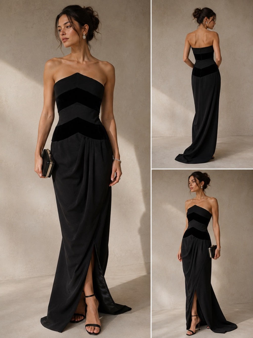 Vintage 1980s Bill Blass Evening Gown Sz 4 Black Velvet Strapless Draped Dress